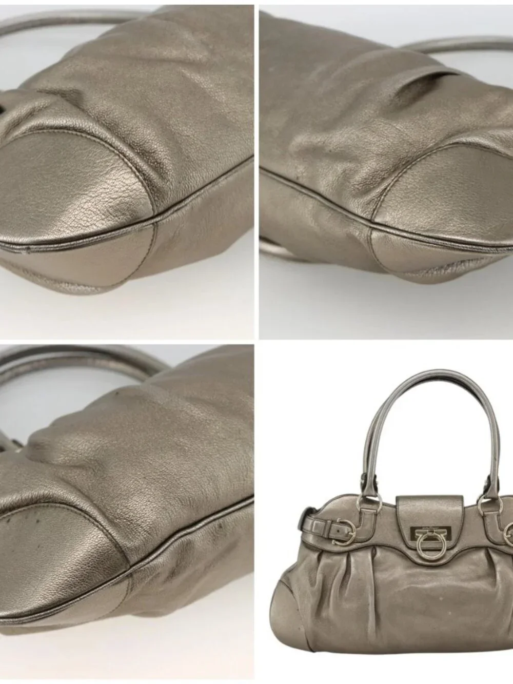 Salvatore Ferragamo Gancini Hand Bag Leather Gold Silver Auth BA11899